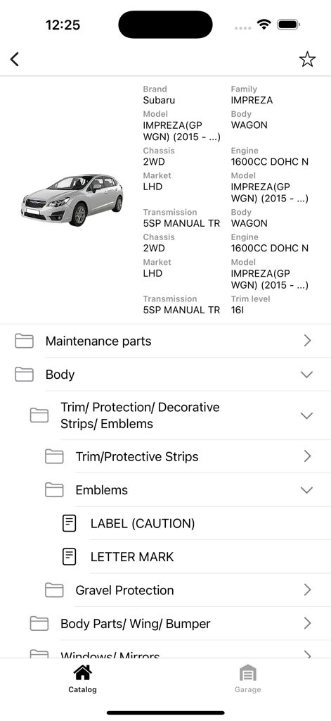 Detailed vehicle specifications and parts categories for a Subaru Impreza in the car parts app