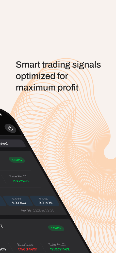 Mobile app interface displaying smart crypto trading signals and take profit levels