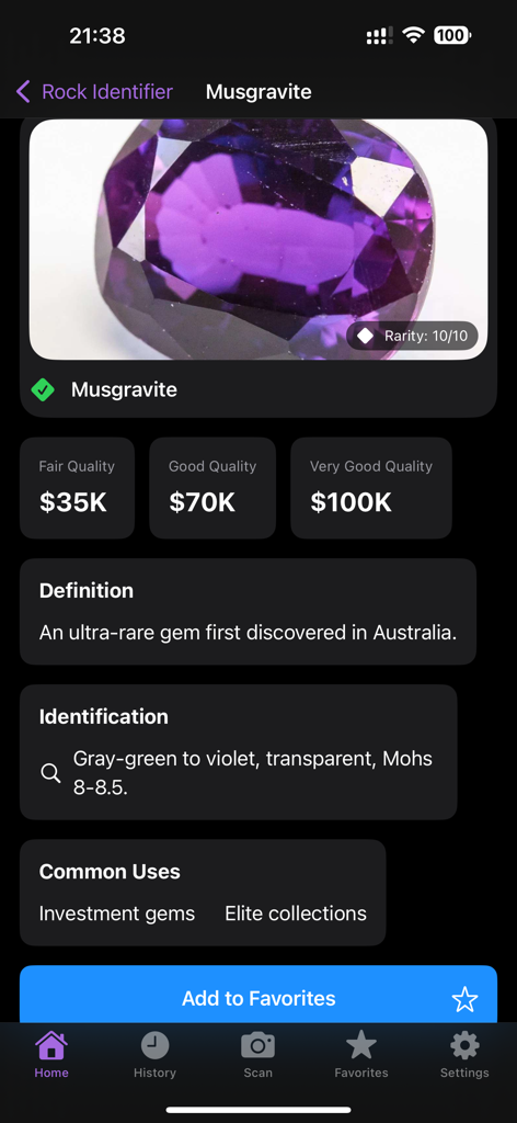 Rock Identifier: Stone Scan ID - Mobile app screen displaying identification details for a rare Musgravite gemstone including market value and rarity