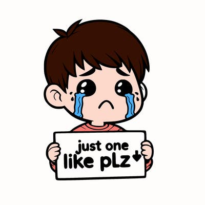 realistic crying boy with a sign saying just one like plz