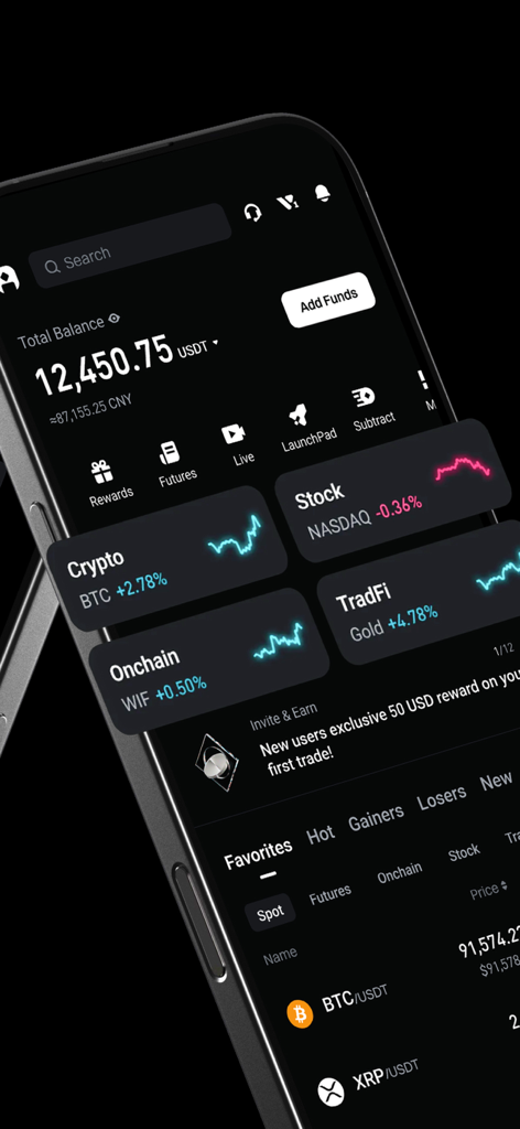 Bitget mobile app dashboard showing total balance and multiple asset classes including crypto stocks and tradfi