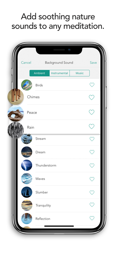 Meditation Studio - A mobile interface from the Meditation Studio app displaying a list of selectable soothing nature sounds like birds, rain, and waves for meditation.