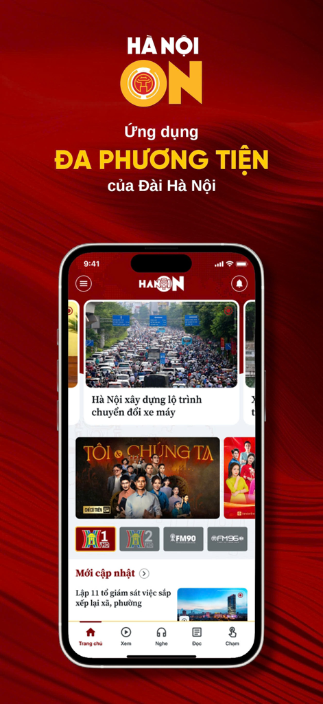 HANOI ON - HANOI ON multimedia app home screen interface showing news and live TV icons