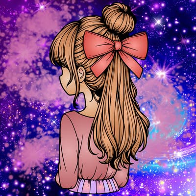 realistic girl  with hip length hair a bun and a big bow on the back of head