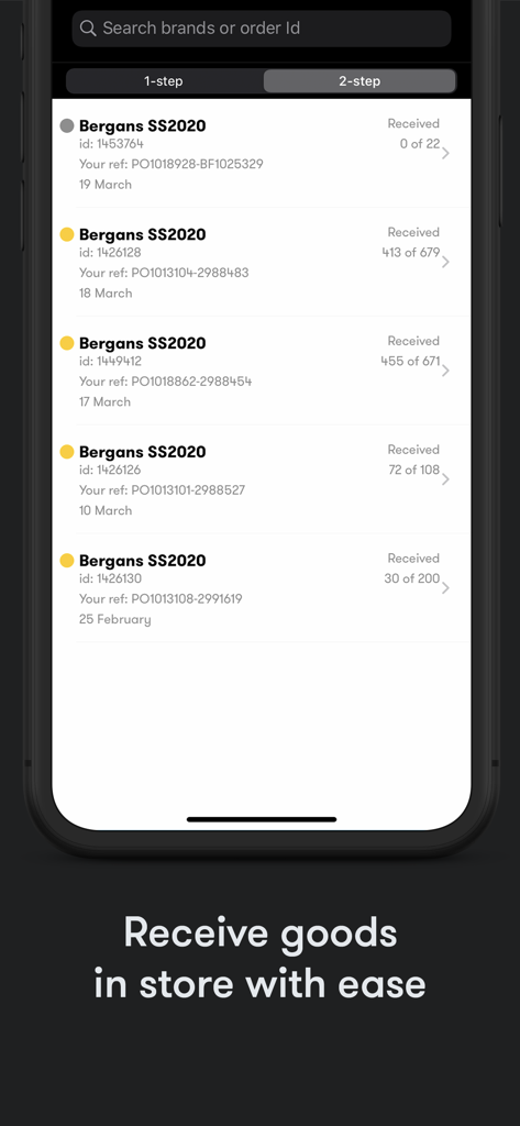 Interface do aplicativo móvel FrontZapp mostrando uma lista de mercadorias recebidas e o progresso do envio para gerenciamento de loja de varejo