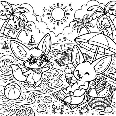 Get ready for a sun-soaked adventure with this delightful coloring page featuring two cute fennec foxes on their summer vacation. One is splashing in the waves while the other enjoys an ice cream, inviting you to bring their beach day to life with color.