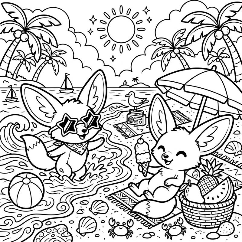 Get ready for a sun-soaked adventure with this delightful coloring page featuring two cute fennec foxes on their summer vacation. One is splashing in the waves while the other enjoys an ice cream, inviting you to bring their beach day to life with color.