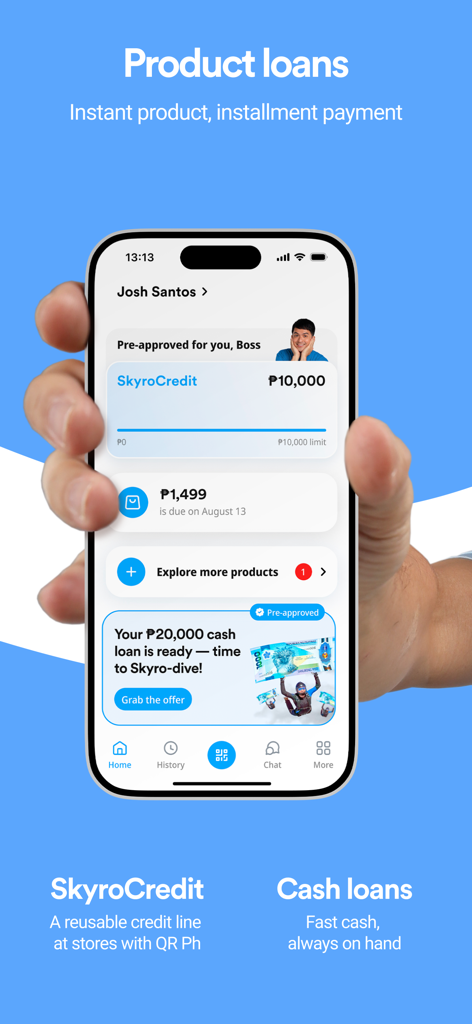 Skyro - Skyroアプリのインターフェースに、クレジット限度額の現金ローンオファーと分割払い機能が表示されています