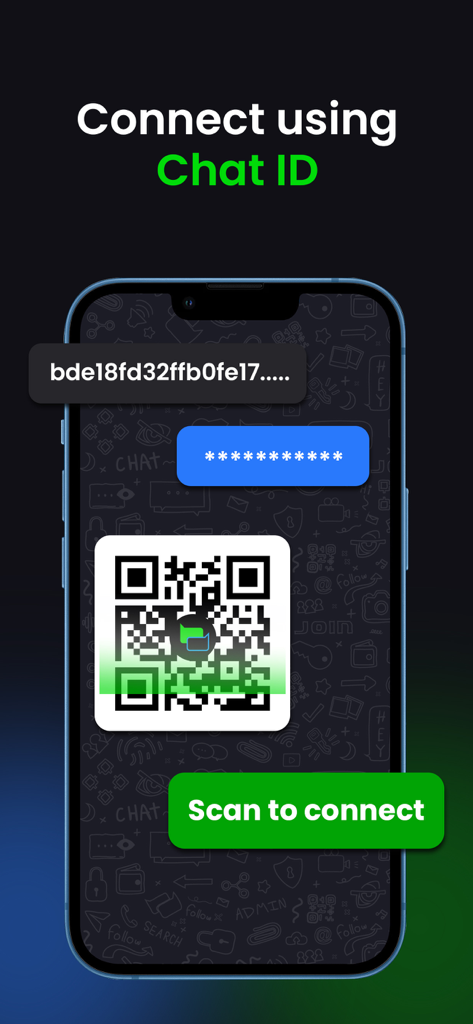 고유 채팅 ID와 안전한 연결을 위한 스캔 QR 코드를 표시하는 BChat 메신저 모바일 앱 화면