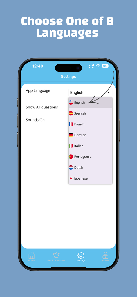 Settings screen of the IQ Test app showing a list of eight available languages to choose from.