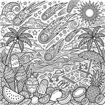 Unleash your creativity with this stunning coloring page where distant short-period comets light up a lively summer beach. It's a whimsical blend of cosmic wonder and tropical paradise, ready for your artistic touch.
