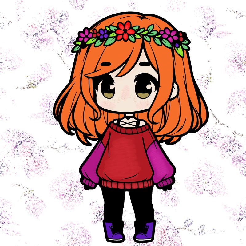 chibi girl with a sweater, medium length hair, leggings, and a flower crown
