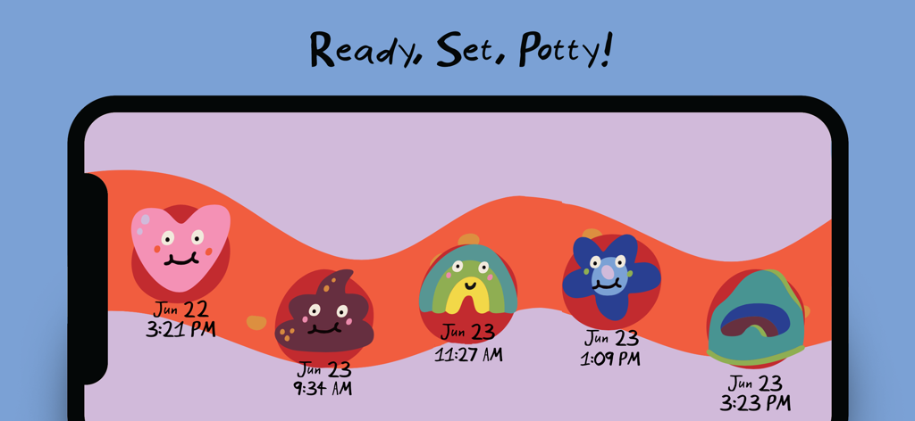 Potty Training App for Kids - A colorful digital sticker chart tracking potty training progress with cute characters and timestamps