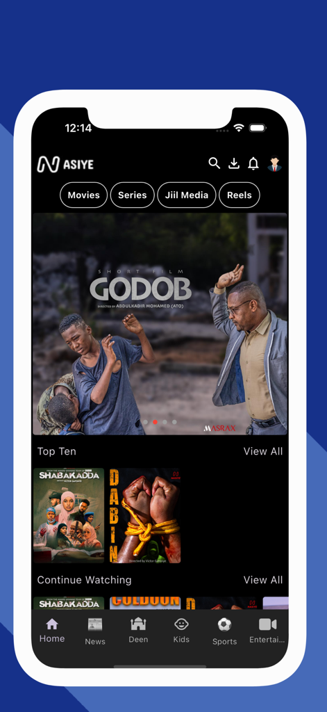 Nasiye video on demand app interface showing Somali films and series