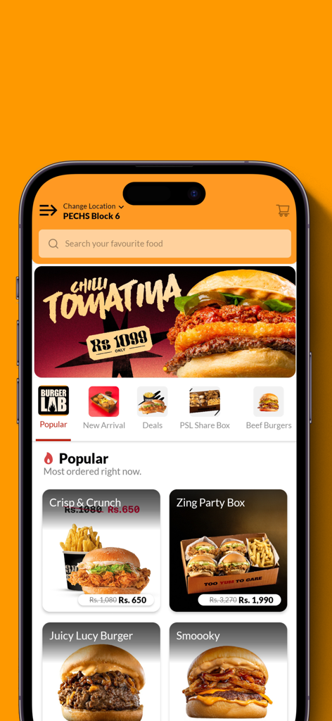 Burger Lab - Interfaz de la app móvil Burger Lab mostrando hamburguesas populares y ofertas de comida