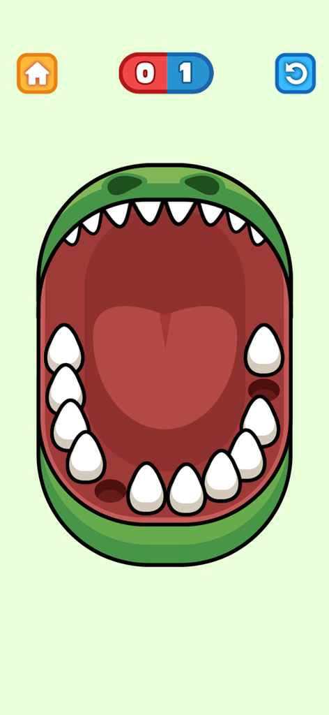 Crocodile dentist style mini game with cartoon mouth and teeth
