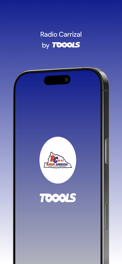 Radio Carrizal FM Mobile App Splash Screen mit dem Senderlogo und der Markenwerbung des Entwicklers auf einem blauen Farbverlaufshintergrund