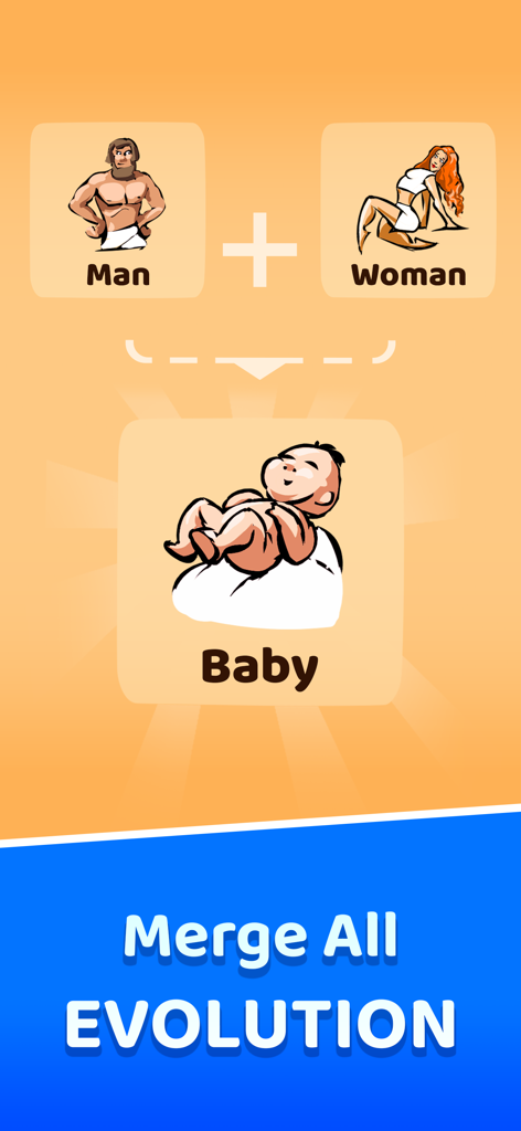 Infinite Craft'er: Alchemy - Captura de tela do jogo Infinite Crafter Alchemy mostrando a combinação de elementos Homem e Mulher para criar um Bebê sob o título Mesclar Toda a Evolução