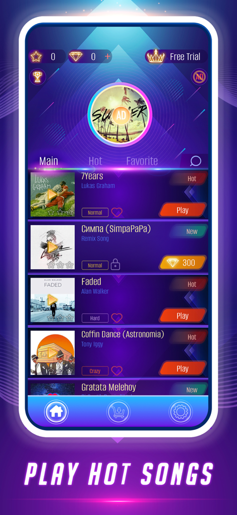 Dance Tiles: Music Ball Games - Song selection menu in Dance Tiles Music Ball Games app showing a list of hot tracks.
