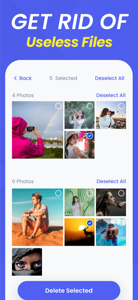 Interfaz de la aplicación móvil que muestra la selección de fotos para eliminar archivos inútiles y liberar espacio de almacenamiento