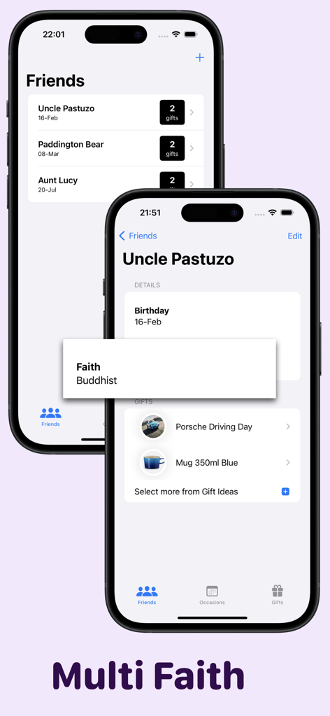 Gifting Planner - Tela do aplicativo Planejador de Presentes mostrando uma lista de amigos com seus aniversários e crenças religiosas.