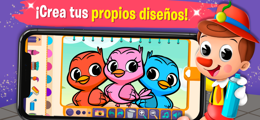 Dibujar y Colorear - A colorful drawing and coloring interface for kids featuring three cartoon birds and artistic tools