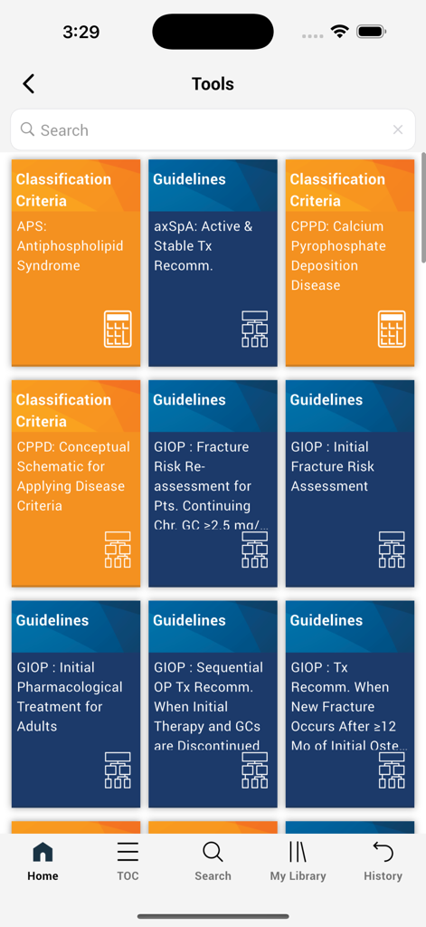 Guidelines And Criteria - Mobile app interface displaying various rheumatology classification criteria and medical guidelines cards.
