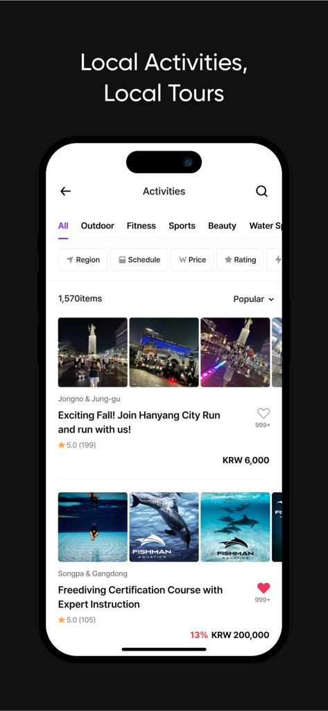 Frip - Experience Korea - A mobile app interface displaying various local activities and tours in Korea such as city running and freediving