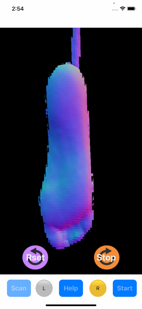 A 3D digital foot scan displayed in the AOMS TOT jr app interface with scanning controls