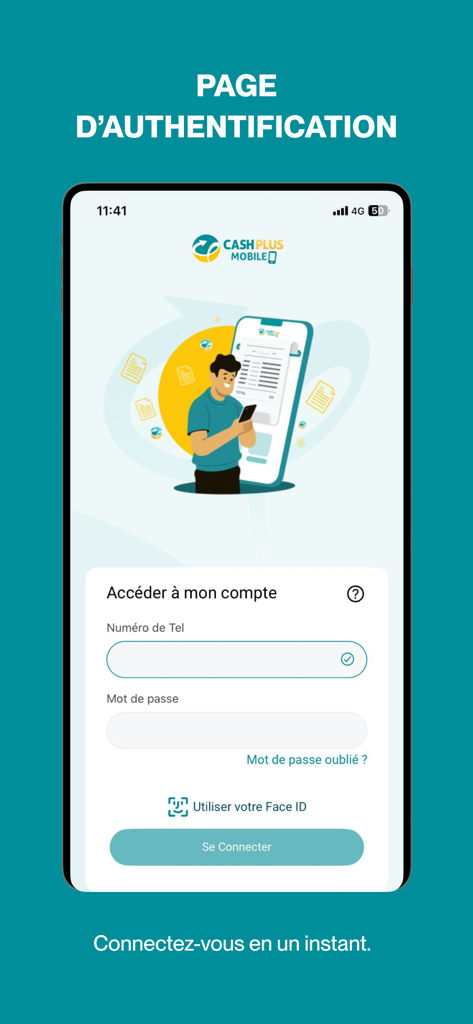 Écran de connexion de l'application Cash Plus Mobile Wallet avec des champs pour le numéro de téléphone et le mot de passe, ainsi qu'une option Face ID.