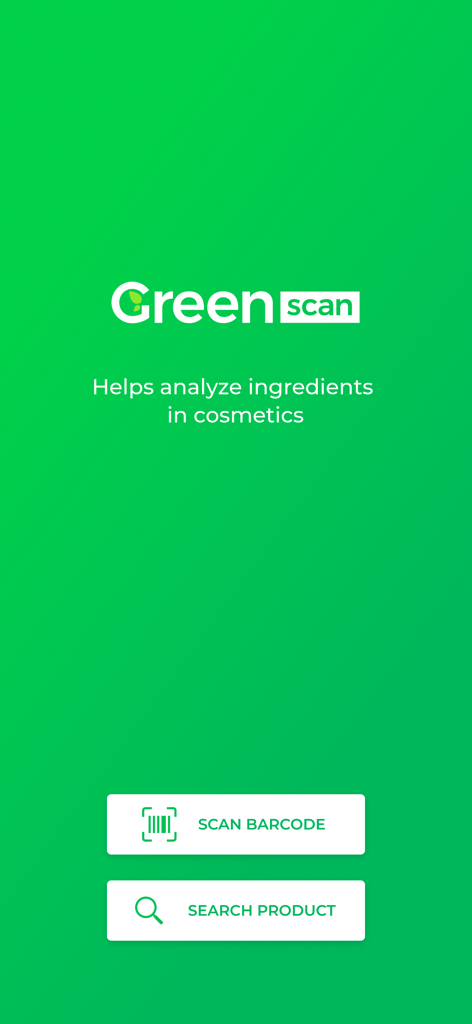 GreenScan - GreenScan app home screen with scan barcode and search product buttons on a green background