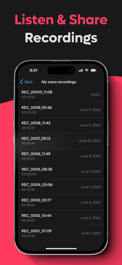 Smartphone screen showing a organized list of voice recordings with dates and timestamps