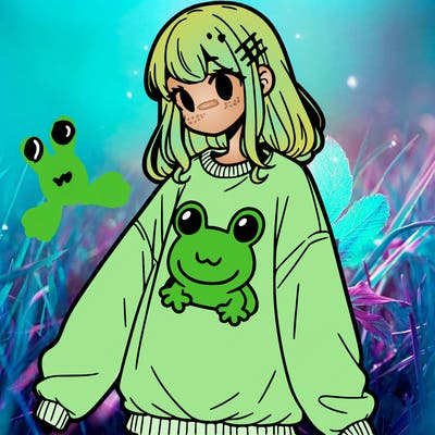girl wearing frogging sweatshirt