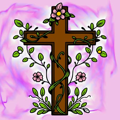 christian cross with vines and flowers