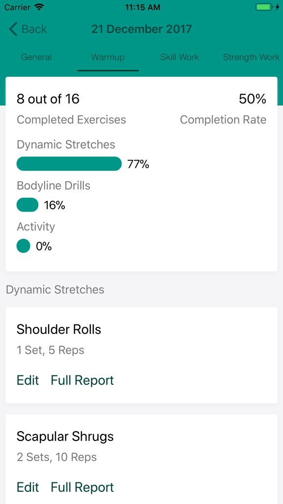 Bodyweight Fitness - Bodyweight Fitness app dashboard showing warmup exercise completion rates and progress logs