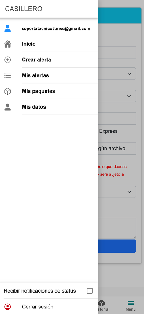 Intelliship - Side navigation menu of the Intelliship app showing options for package alerts and shipping history