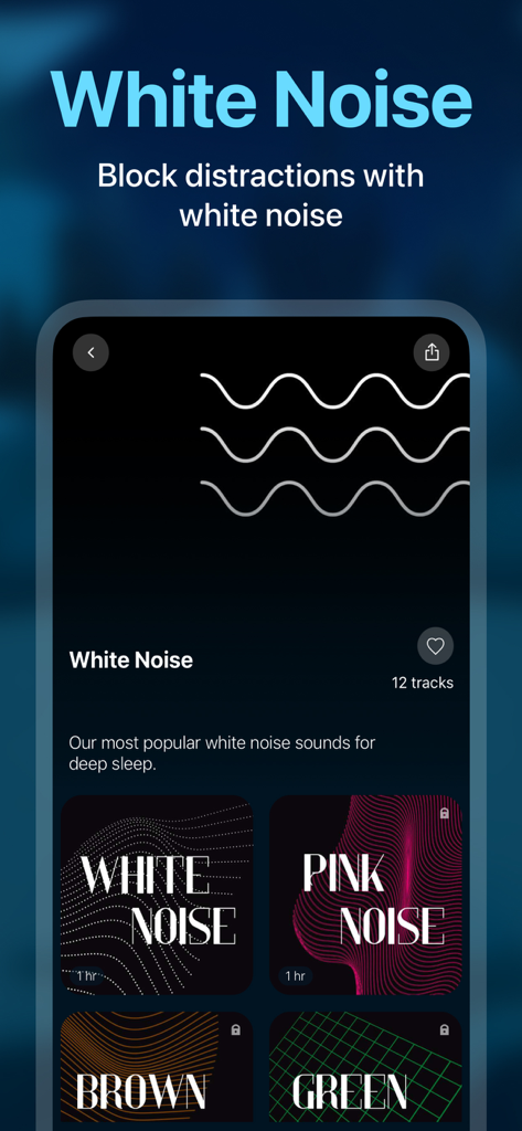 Slumber－Calm Stories for Sleep - Benutzeroberfläche der Slumber App mit einer Auswahl an weißem, rosa, braunem und grünem Rauschen, um Ablenkungen beim Schlafen auszublenden