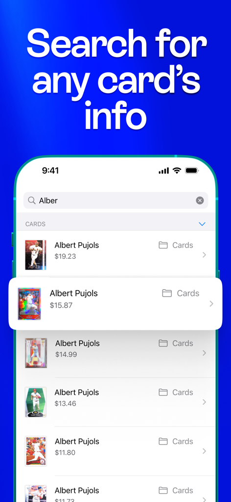 Cardstock: Sports Card Scanner - Search results for Albert Pujols baseball cards showing market values in the Cardstock app