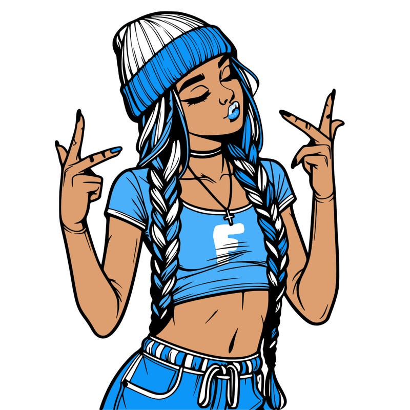 realistic teenage girl with braids and a beanie and crop top doing 🫶🏼