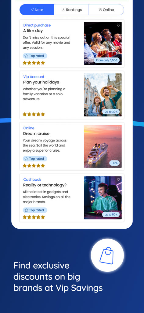 Vip District - Vip District app interface showing exclusive discounts on cinema tickets travel packages and electronics for registered members