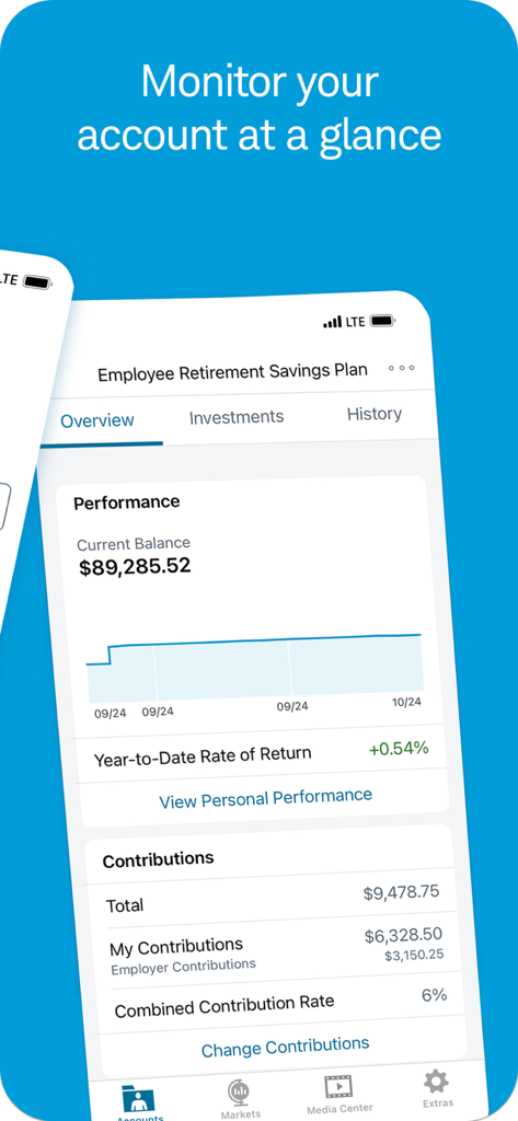 Dashboard dell'app Schwab Workplace Retirement che mostra il saldo del conto, le prestazioni e i dettagli del contributo