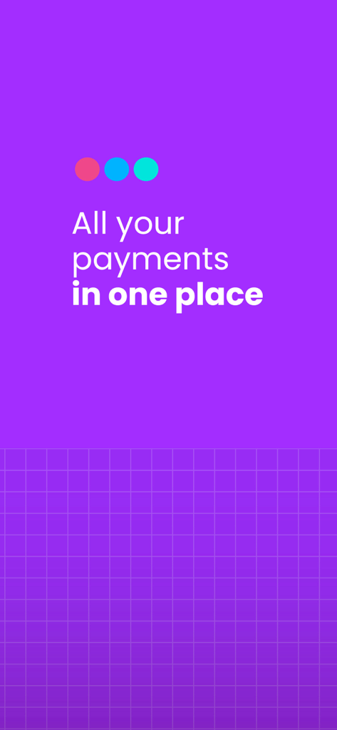 zenda - school fees made easy - Zenda-App-Screenshot, der den Text alle Ihre Zahlungen an einem Ort auf lila Hintergrund mit farbigen Punkten anzeigt