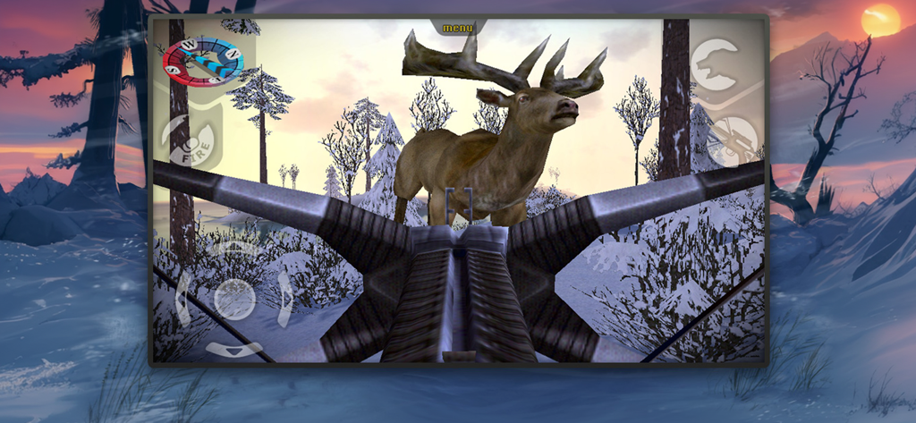 Carnivores: Ice Age - First person view of a player aiming a crossbow at a prehistoric deer in a snowy environment