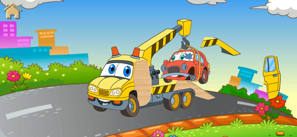 Car Puzzle for Toddlers & Kids - Un personaje de camión de remolque de dibujos animados remolcando un coche pequeño en un juego de rompecabezas colorido para niños pequeños.