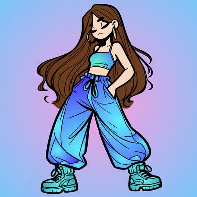 girl in baggy pants crop top and long hair