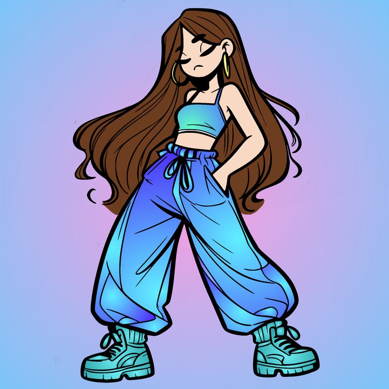 girl in baggy pants crop top and long hair