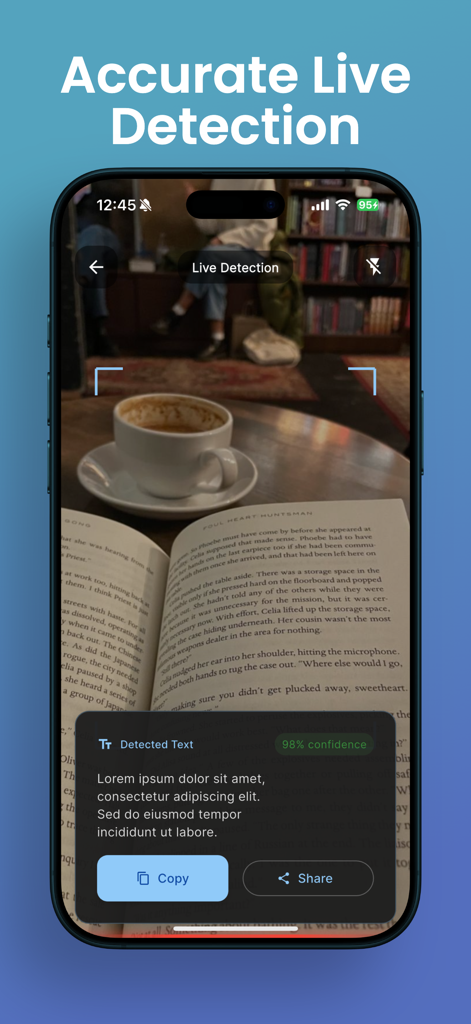 OCR Image AI - Photo to Text - A smartphone screen displaying the OCRacle app extracting text from a book in real time