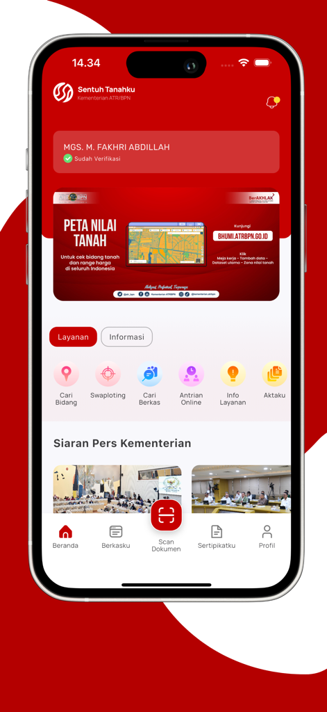 Dashboard of the Sentuh Tanahku app showing Indonesian land registry services and news