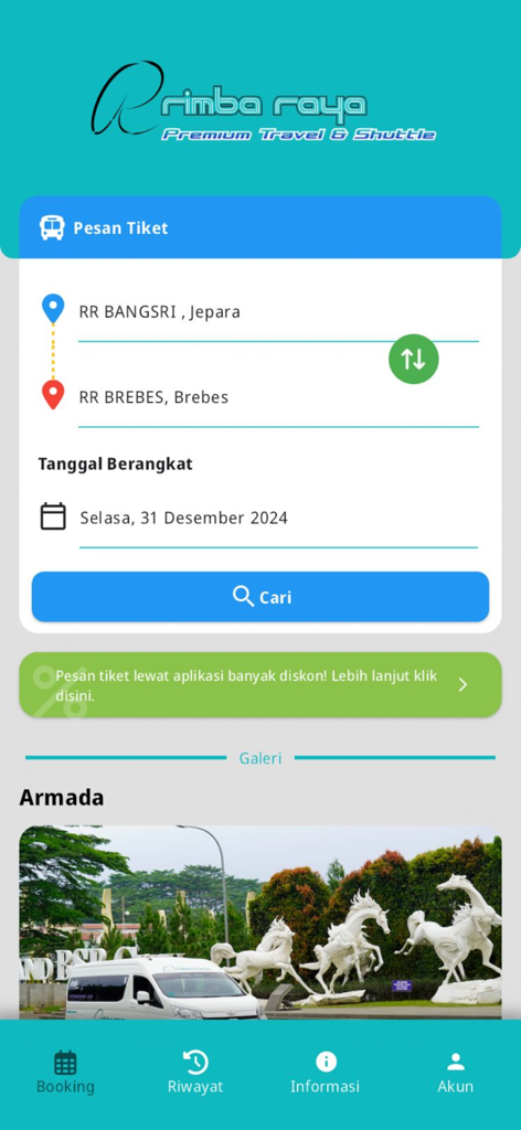 Rimba Raya Travel app interface for booking shuttle and bus tickets in Indonesia