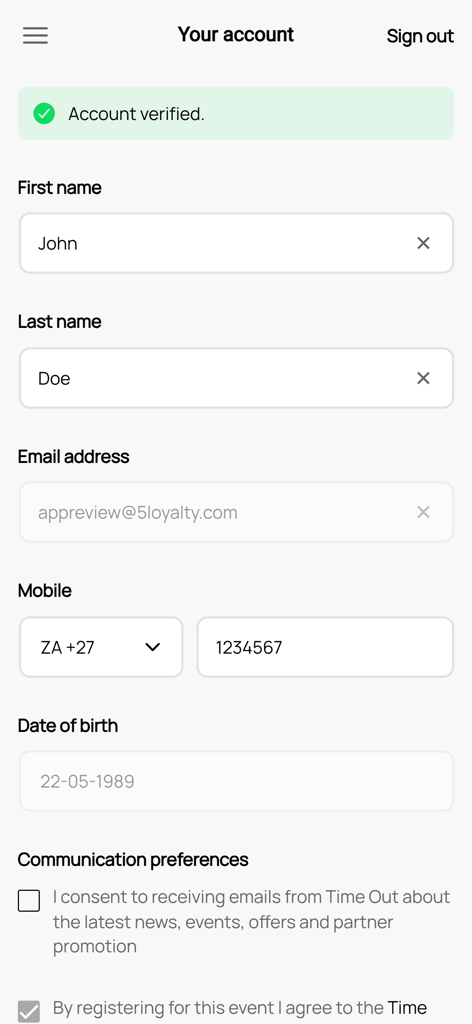 Cape Town Time Out Market - Página de perfil de cuenta de usuario en la aplicación Cape Town Time Out Market que muestra detalles personales y estado de verificación de cuenta.